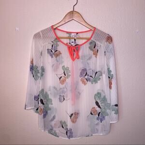 Pink Owl Sheer Tie Floral Blouse Medium